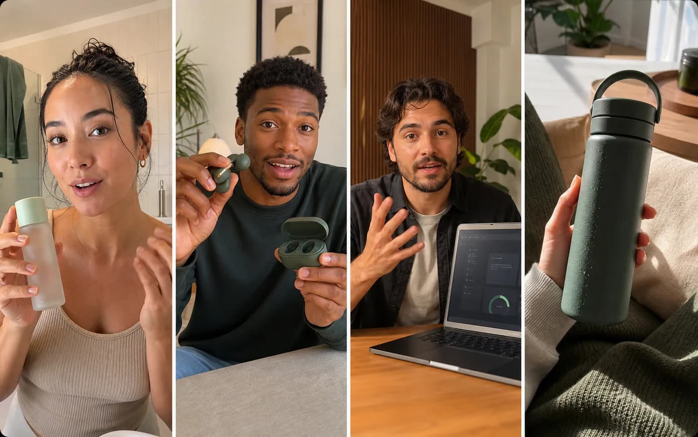 Four fictional, unbranded creator-style product video concepts